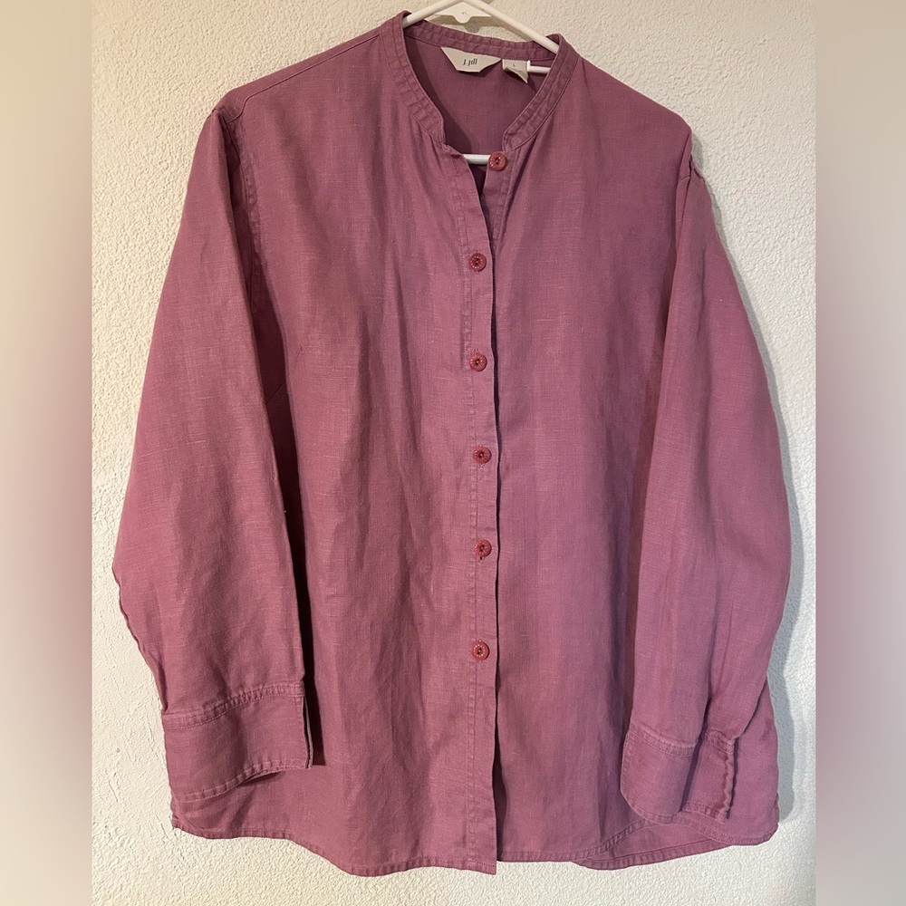 J. Jill Tunic Dusty Rose 100% Linen Long Sleeve Button Up Mandarin Collar Size L